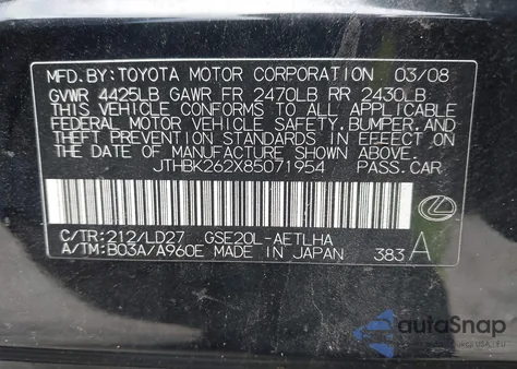 2008 Lexus Is 250 from USA, damaged, VIN JTHBK262X85071954